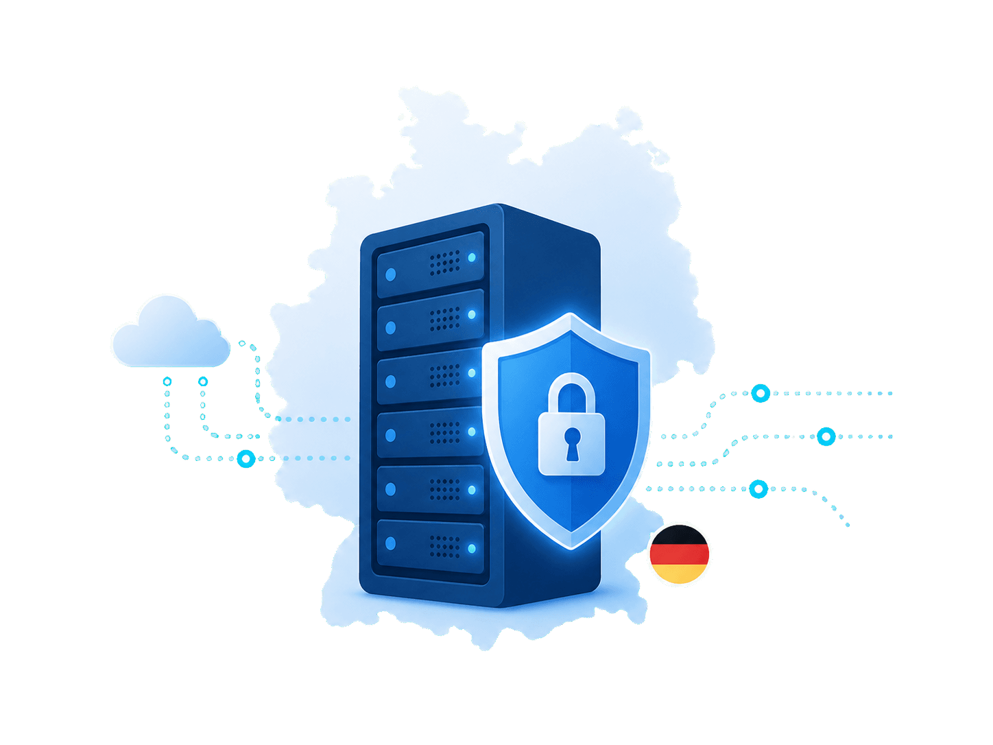Server, Schild und Deutschlandkarte als Symbol für deutsche Datenhaltung