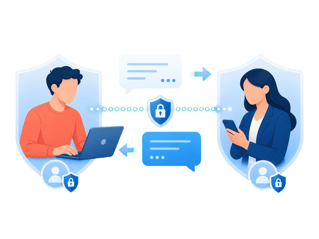 Zwei anonymisierte Personen kommunizieren über einen gesicherten Dialogkanal