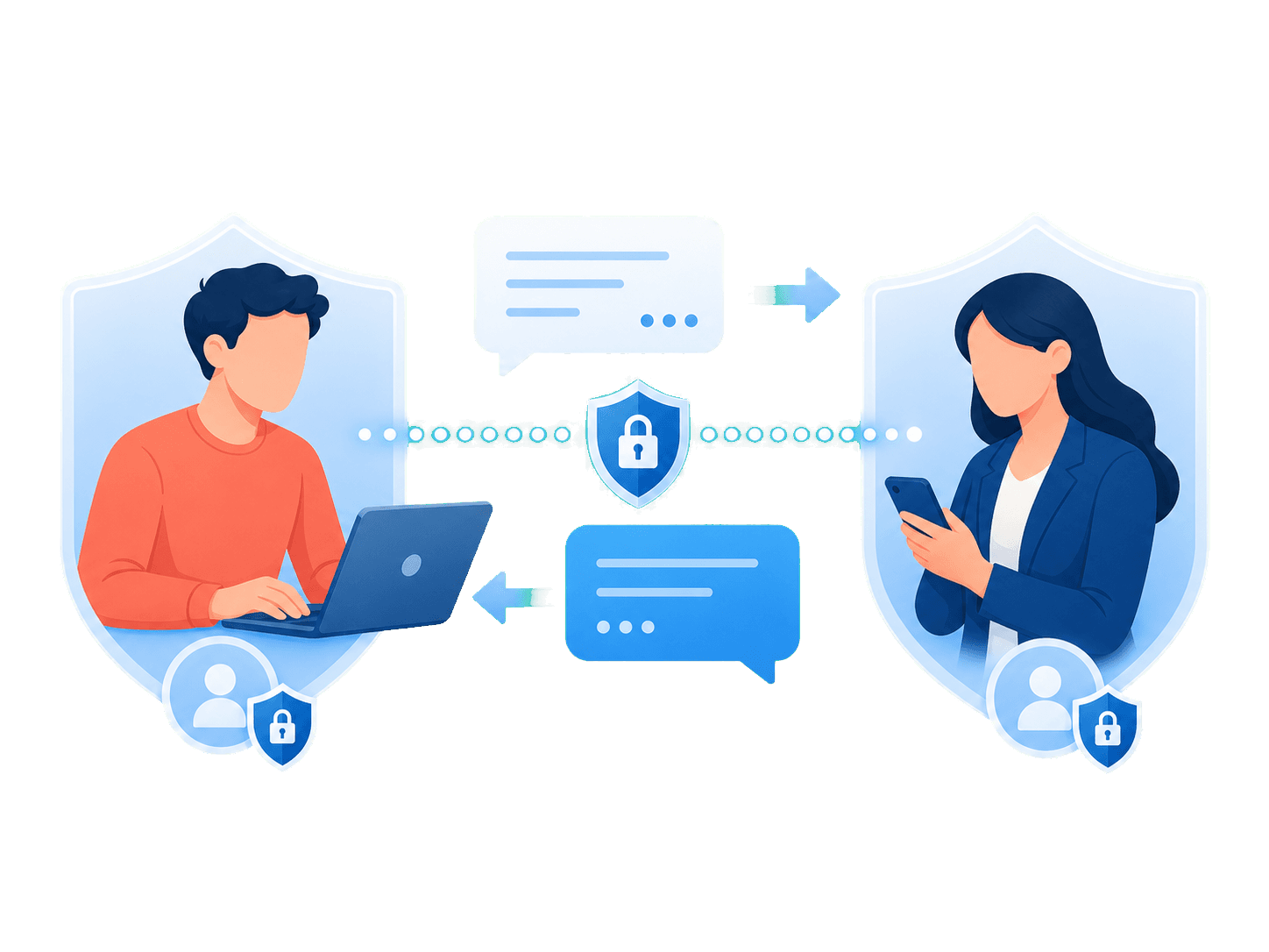 Zwei anonymisierte Personen kommunizieren über einen gesicherten Dialogkanal